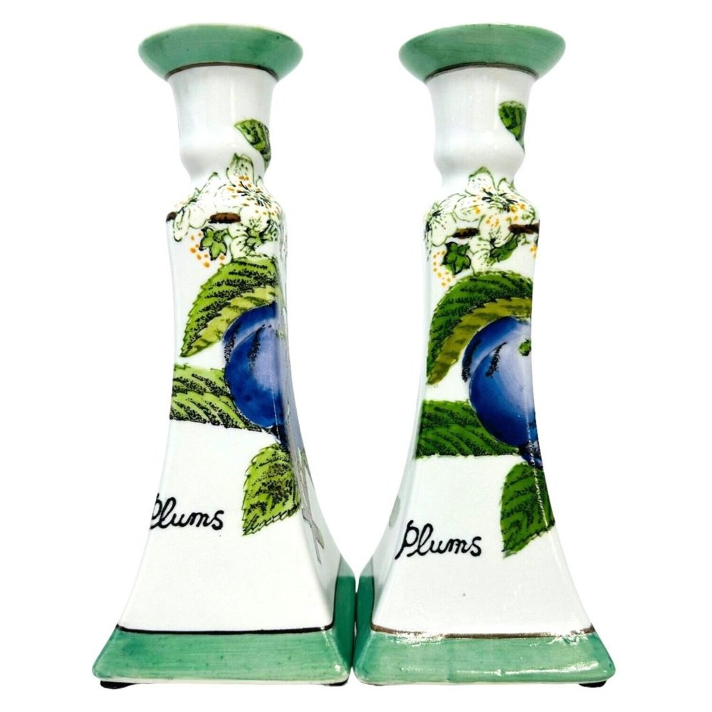 China Trader Tapered Candle Holders Ceramic Blue Plums Pattern 9"  Set Of Two